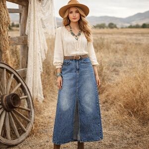 a.n.a. High Rise Denim Maxi Skirt Size 10 Modest Western Boho Prairie Jean Skirt